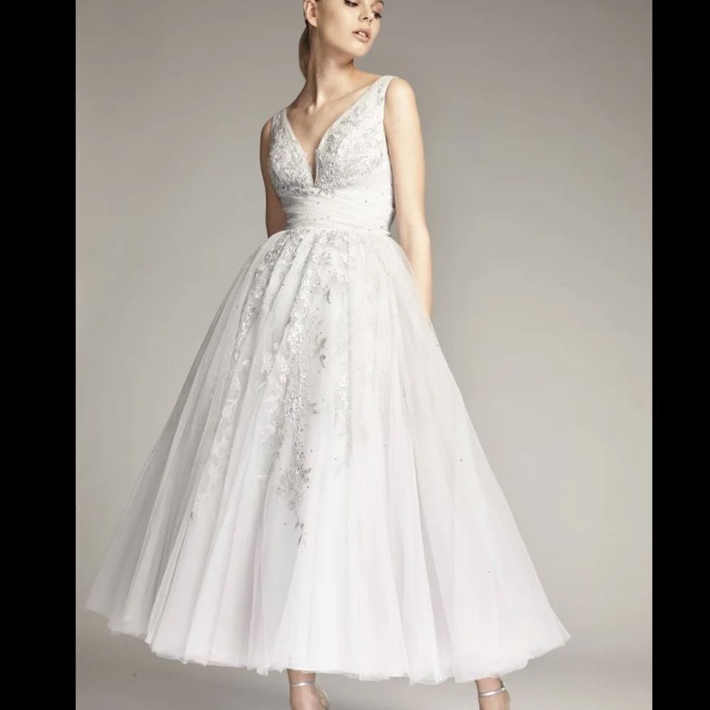Women’s Gray Park108 Pleated Tulle Lace Applique Tea Length Dress